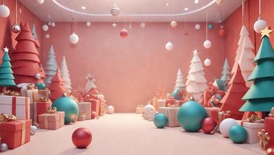 The primary subject of the image is a Christmas tree, which is surrounded by various presents. The setting is a room with a pink wall, and the visual style appears to be a combination of photo and digital art. The colors and mood of the image are festive and joyful, with the pink wall adding a touch of warmth to the scene.